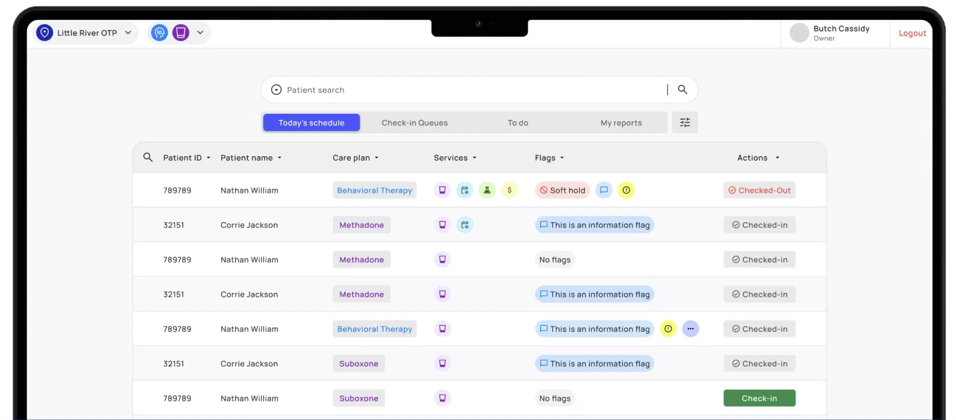 CurerTech EMR patient schedule dashboard shown on a MacBook