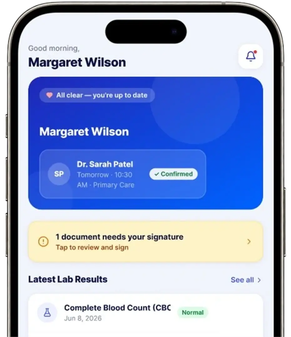 CurerTech CRM patient engagement dashboard shown on a mobile device
