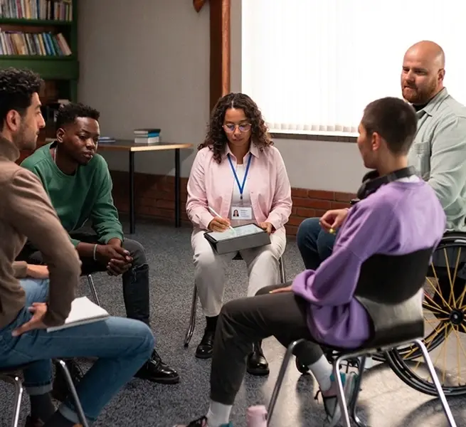 Counselor leading a group session at a community behavioral health clinic