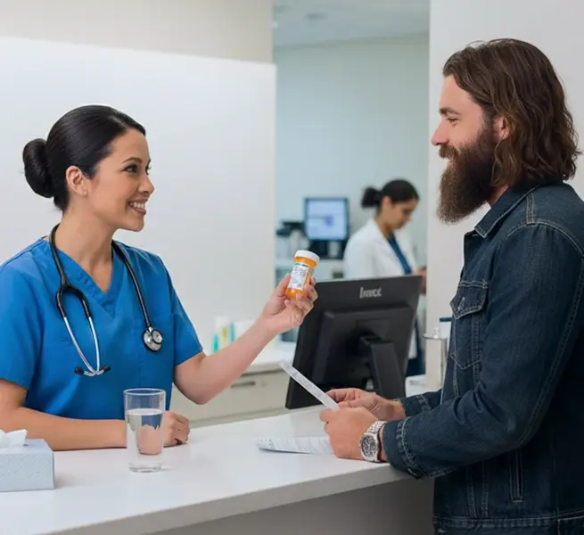CurerTech clinician handing medication to a patient at the clinic front desk